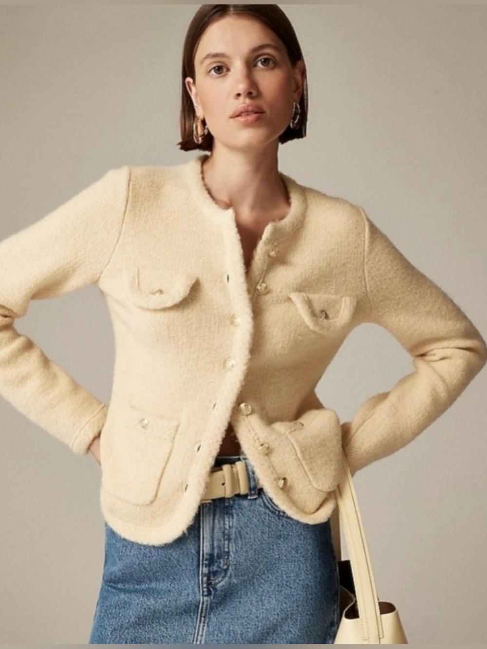 J.Crew Re-Imagined Wool Alpaca Lady Jacket Cardigan Cream Gold Button XXL
